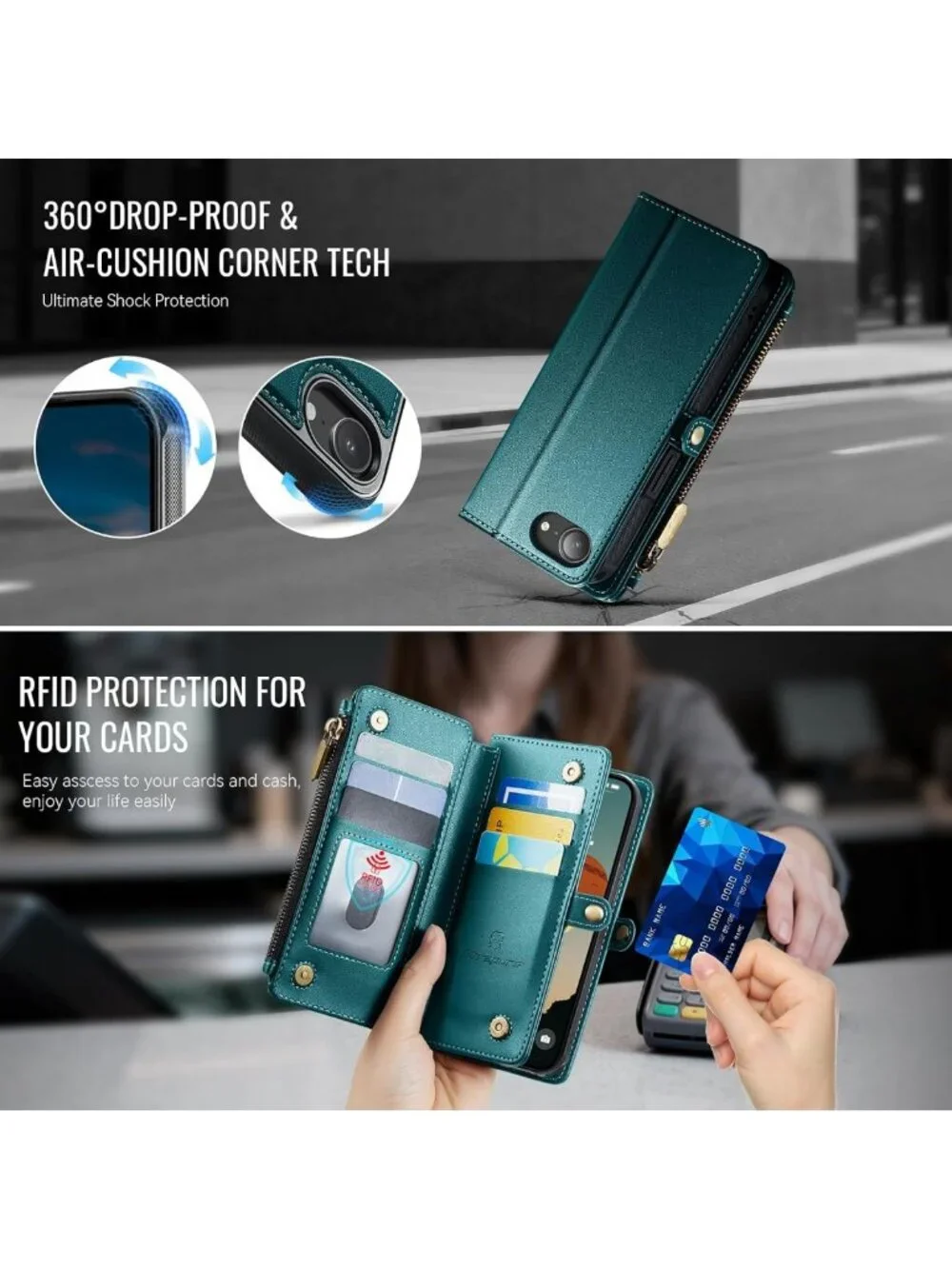 Magnetic Wallet Phone Case for iPhone 17e/16e - Stylish Blue Green Strap Case